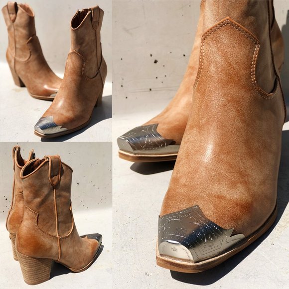 NEW Distressed Nude PU Leather Metal Toe Block Heel Cowgirl Western Ankle Boots - Picture 14 of 15